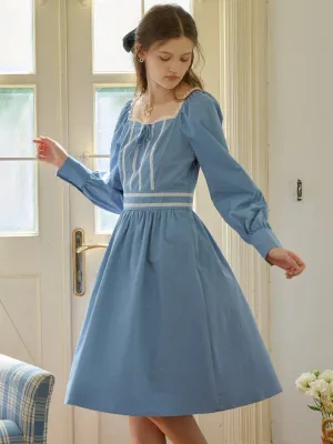 【Final Sale】Jazmine Square Collar Trimmed Lace-up Bow Long Sleeve Cotton Dress