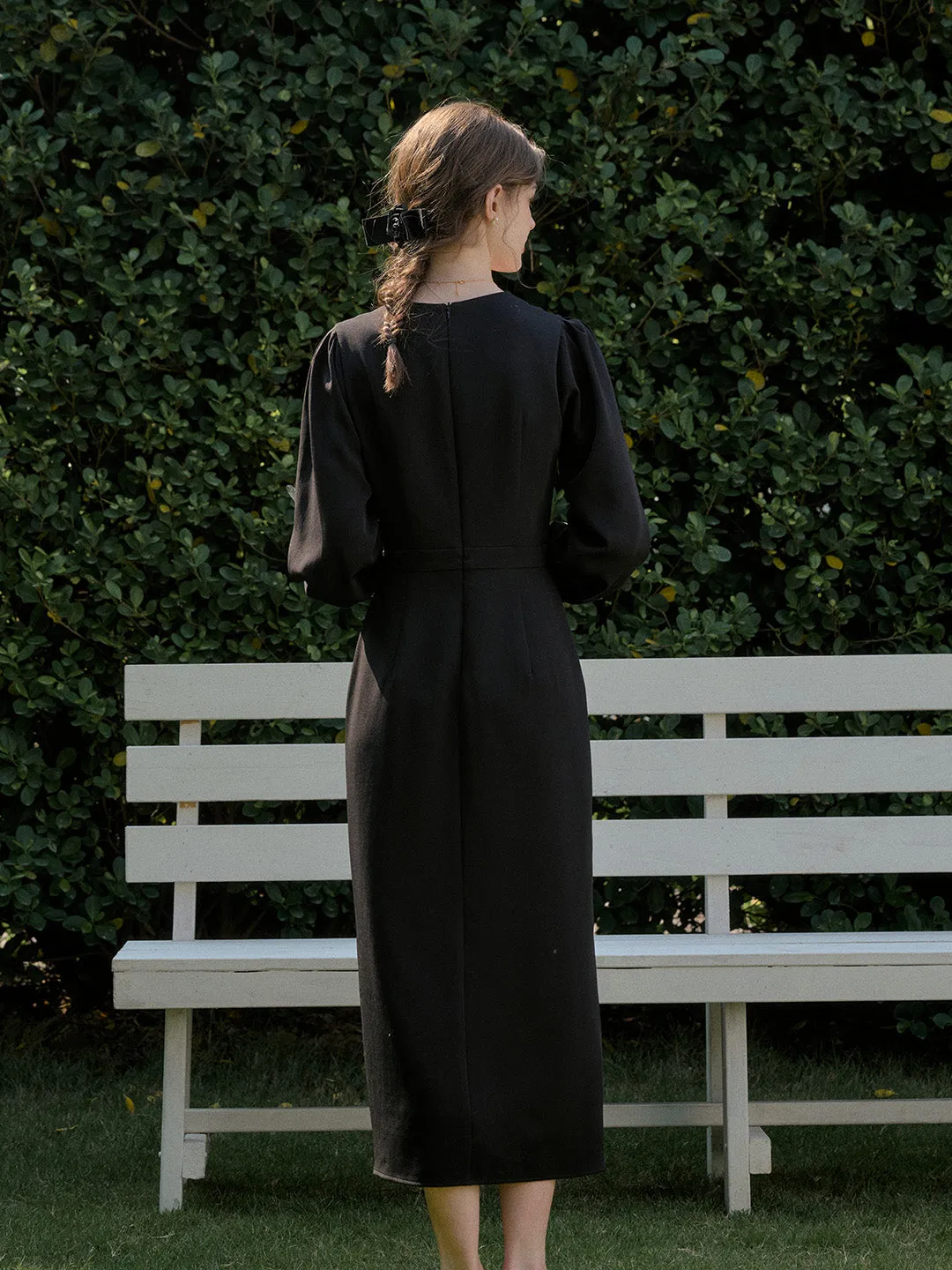 【Final Sale】Karter Notched Lapel Contrasting Button Bow Dress