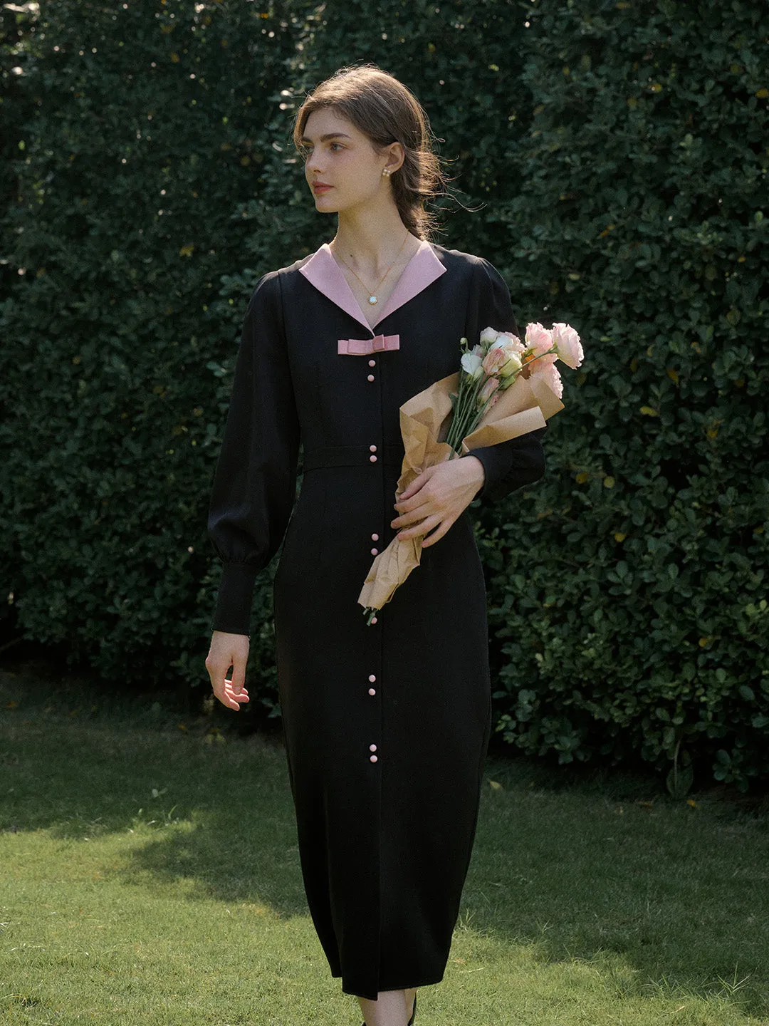 【Final Sale】Karter Notched Lapel Contrasting Button Bow Dress