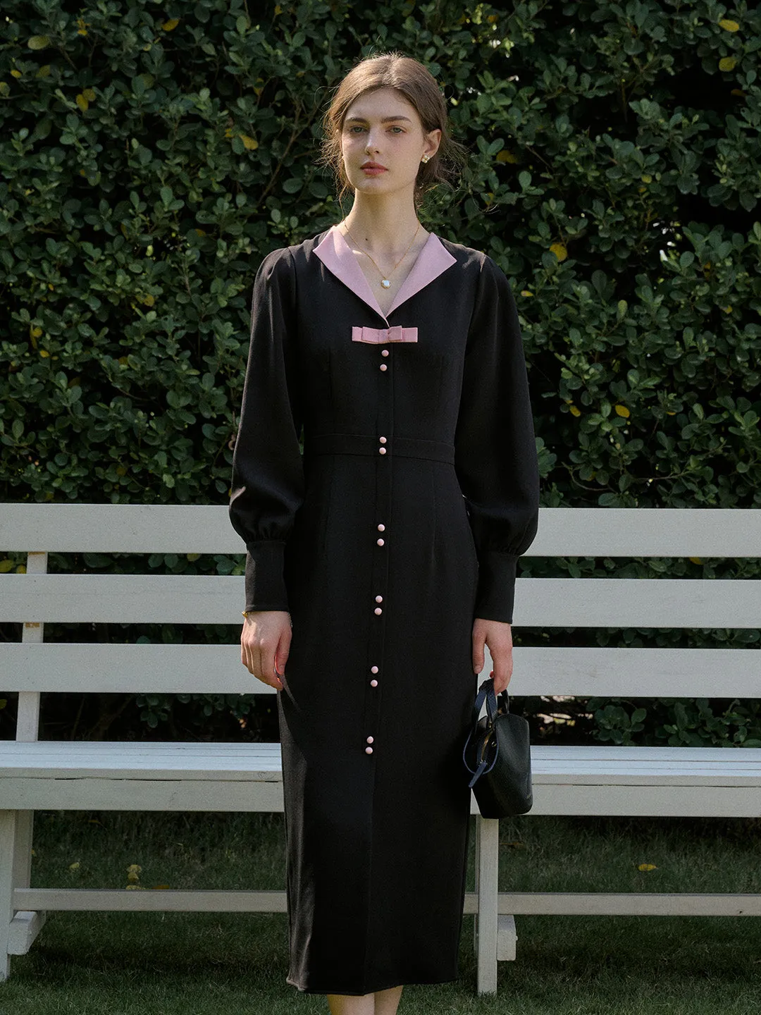 【Final Sale】Karter Notched Lapel Contrasting Button Bow Dress