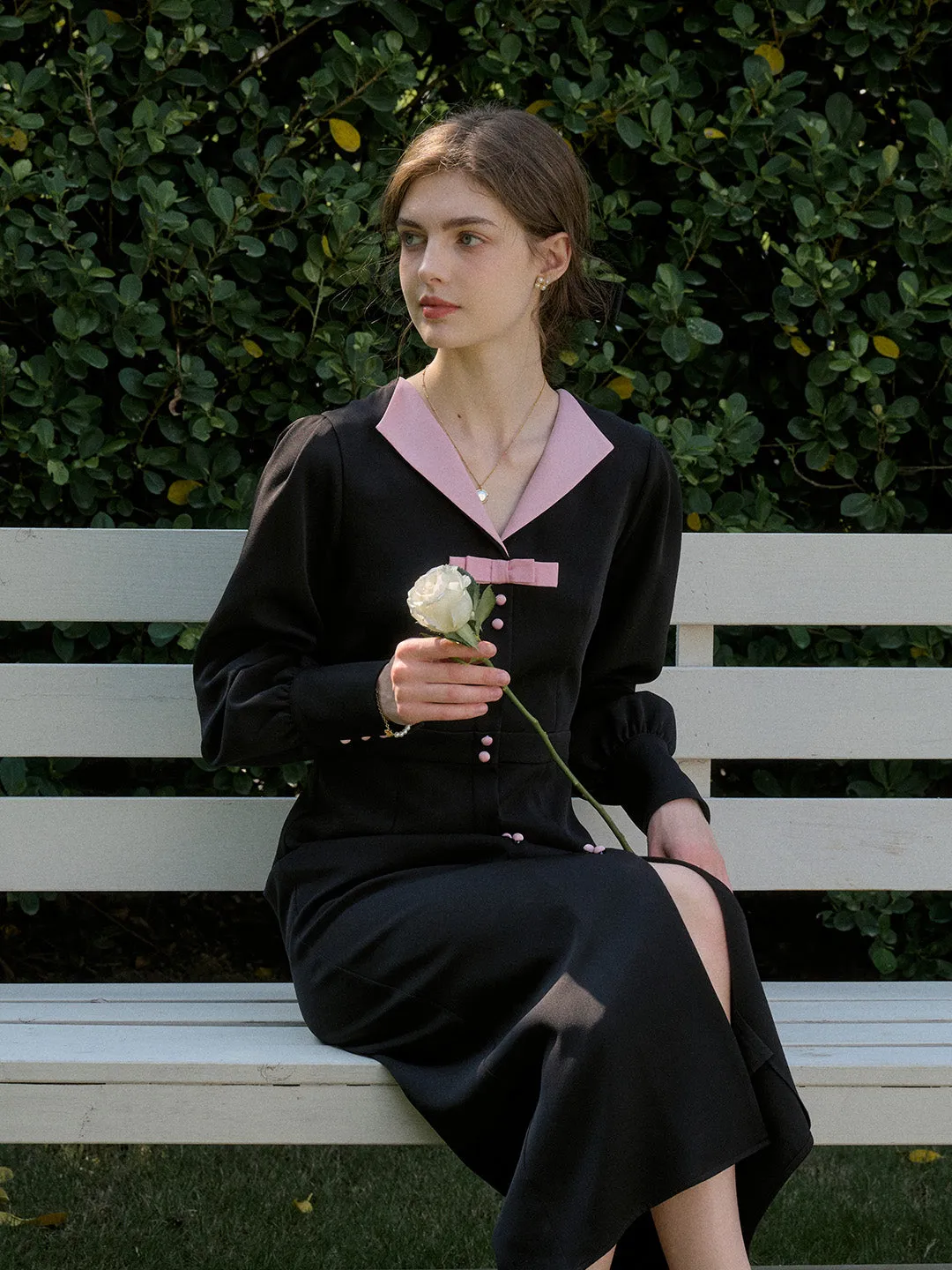 【Final Sale】Karter Notched Lapel Contrasting Button Bow Dress