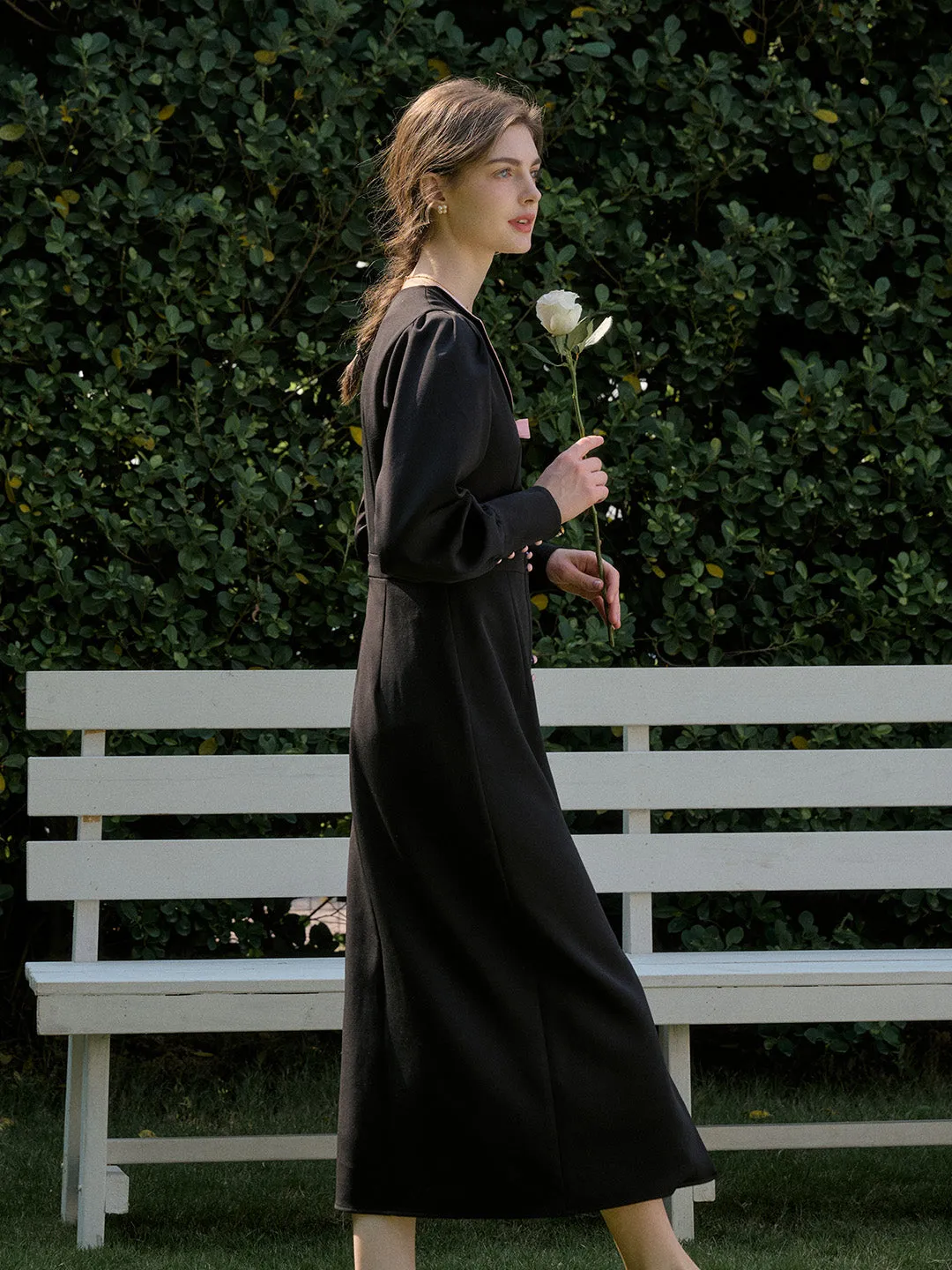 【Final Sale】Karter Notched Lapel Contrasting Button Bow Dress