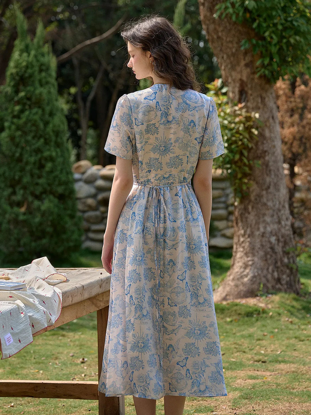 【Final Sale】Louisa Ruffle V-Neck Floral Waist Dress - Blue
