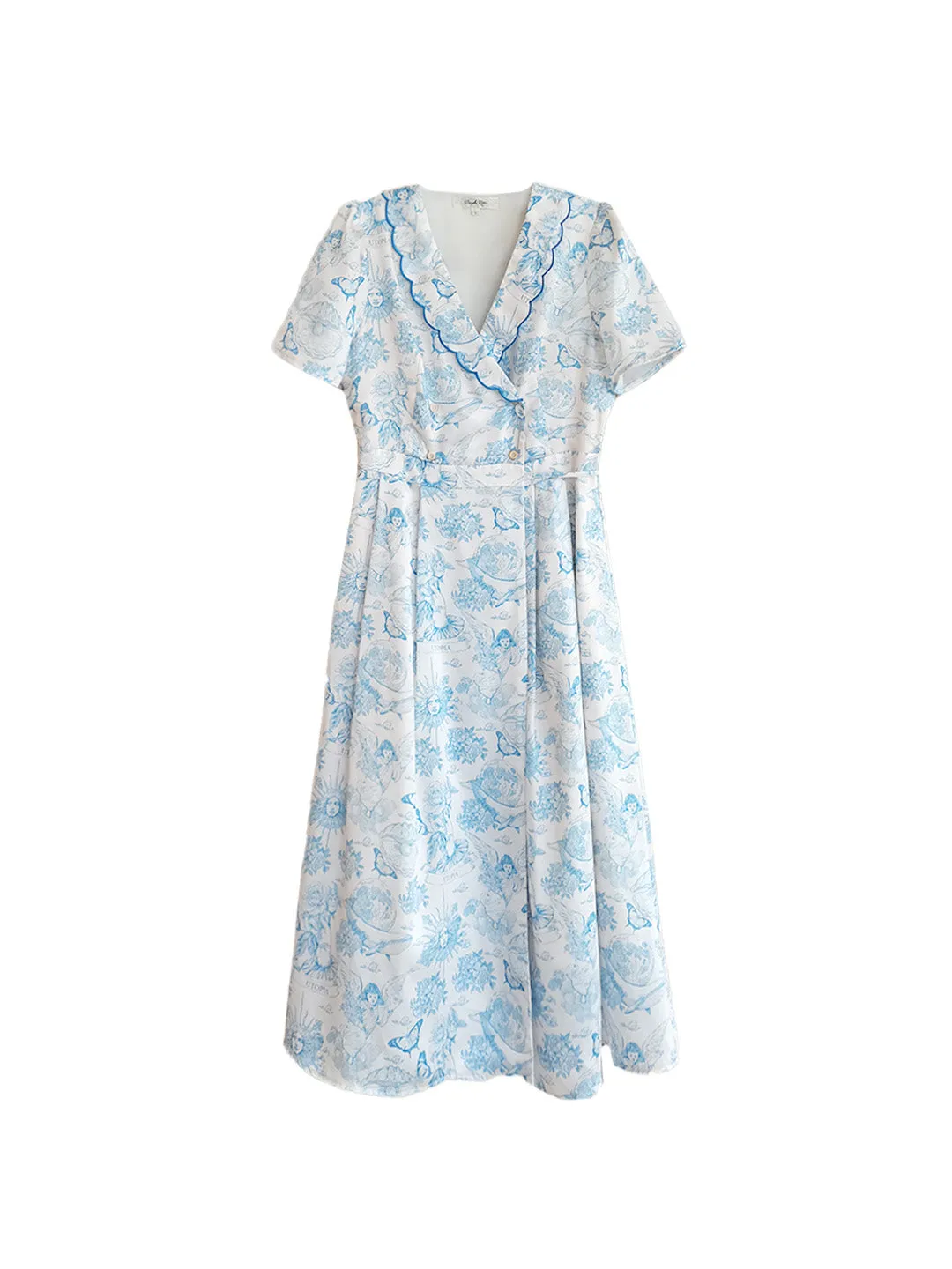 【Final Sale】Louisa Ruffle V-Neck Floral Waist Dress - Blue