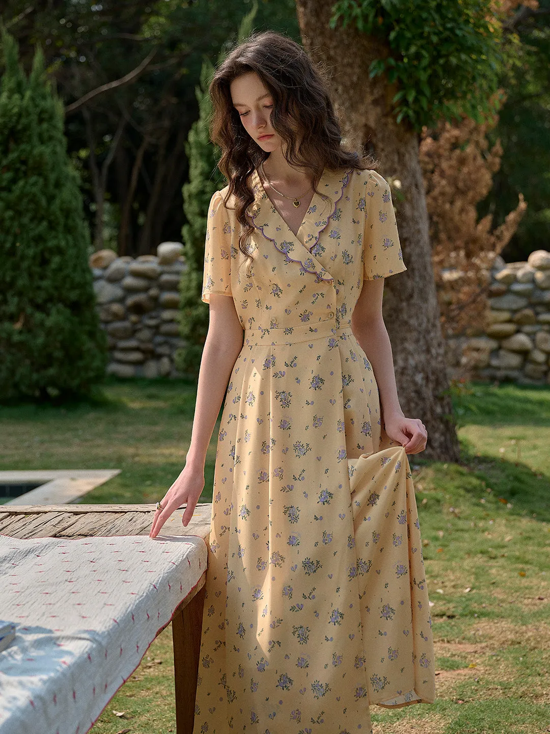 【Final Sale】Louisa Ruffle V-Neck Floral Waist Dress - Blue