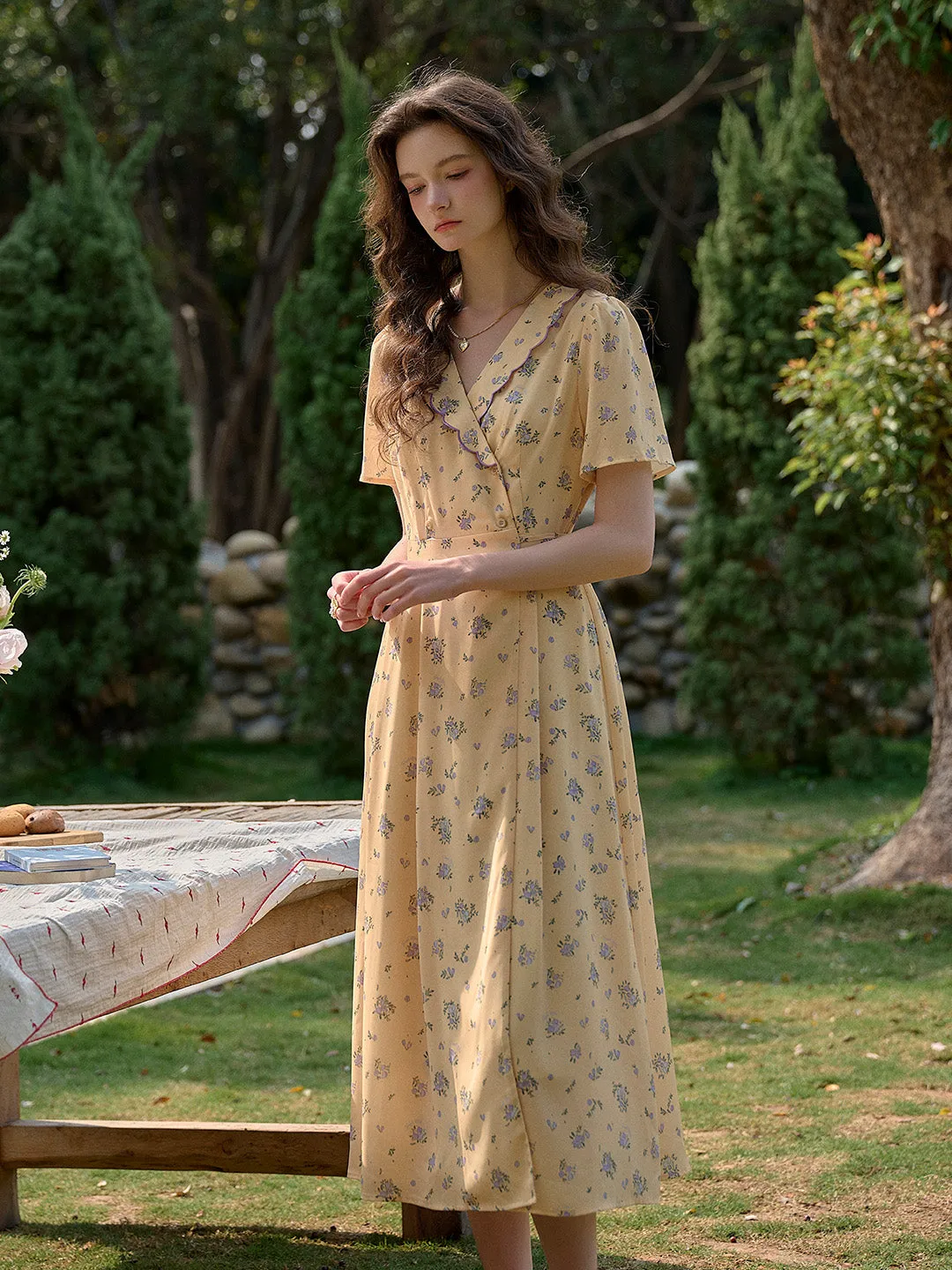 【Final Sale】Louisa Ruffle V-Neck Floral Waist Dress - Blue