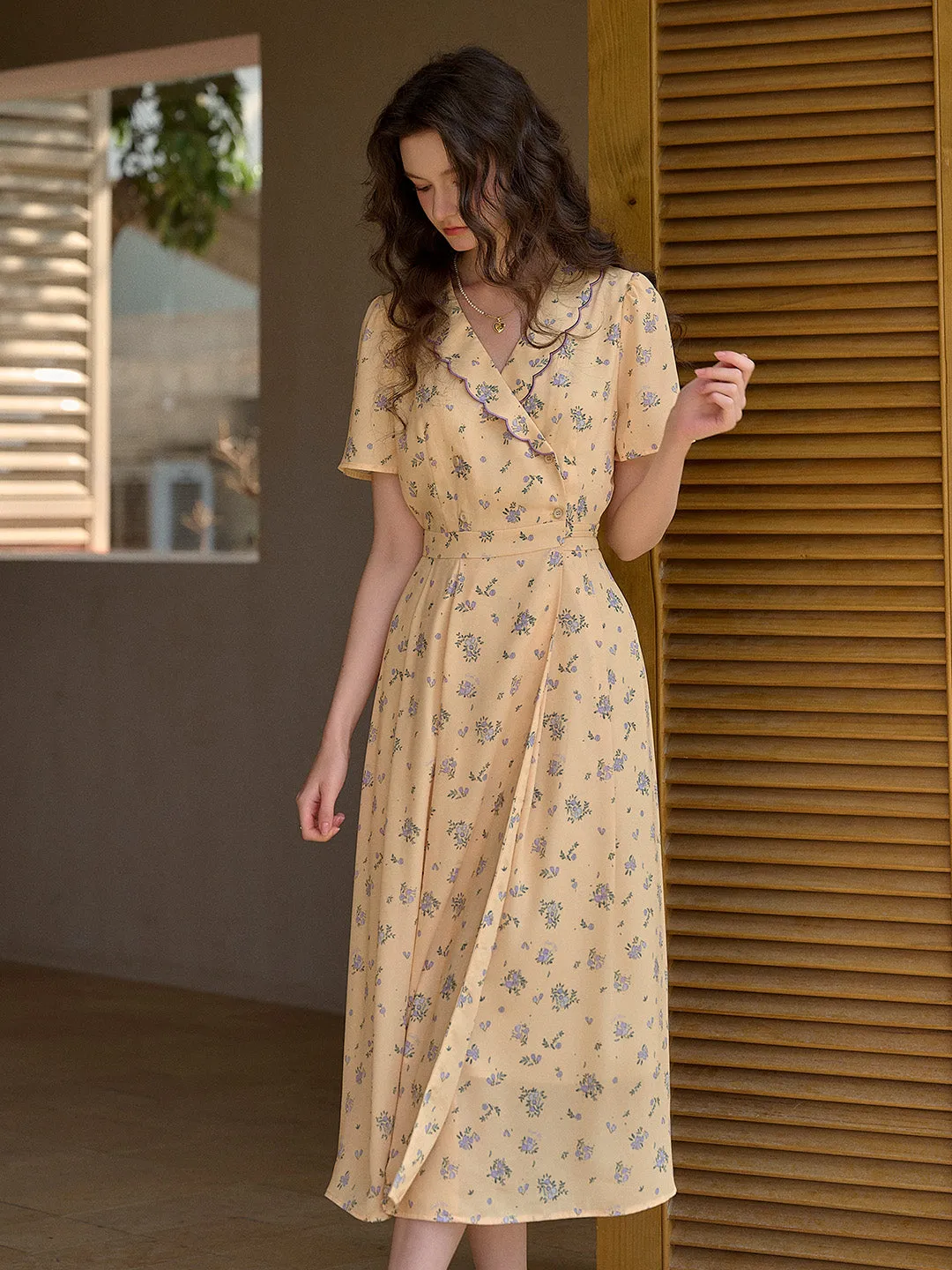 【Final Sale】Louisa Ruffle V-Neck Floral Waist Dress - Blue