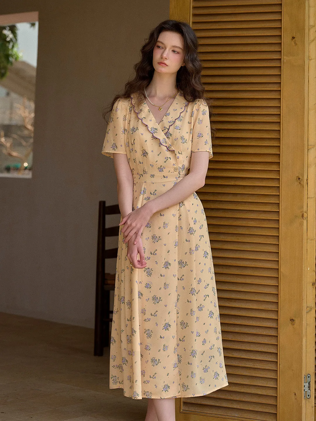 【Final Sale】Louisa Ruffle V-Neck Floral Waist Dress - Blue