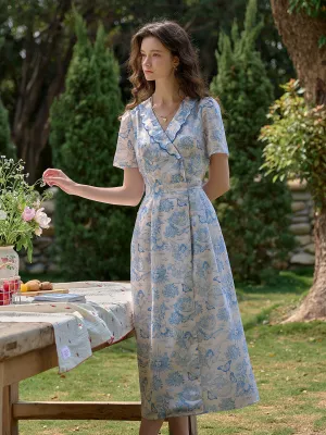 【Final Sale】Louisa Ruffle V-Neck Floral Waist Dress - Blue