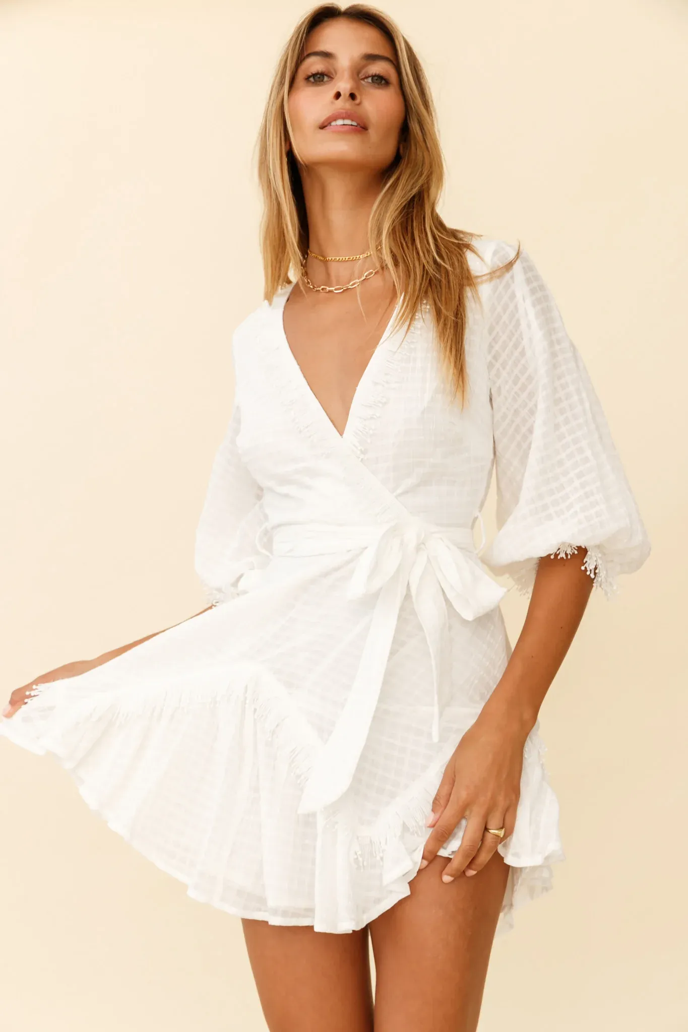 Flyin' Solo Fringe Trim Waist Tie Dress White
