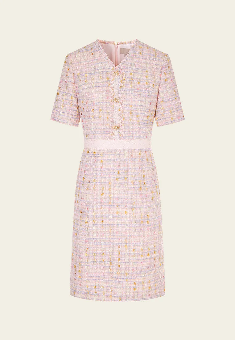 Frayed-detail V-neck Belted Dress