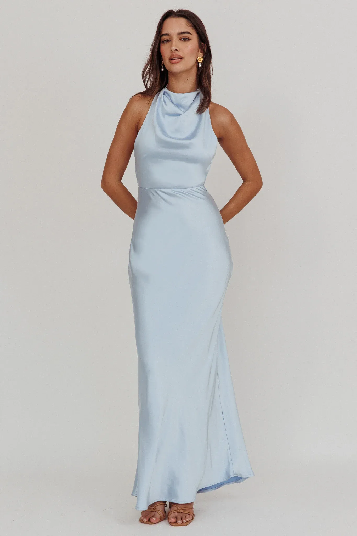 Gelato Pearl Strap Halter Maxi Dress Blue