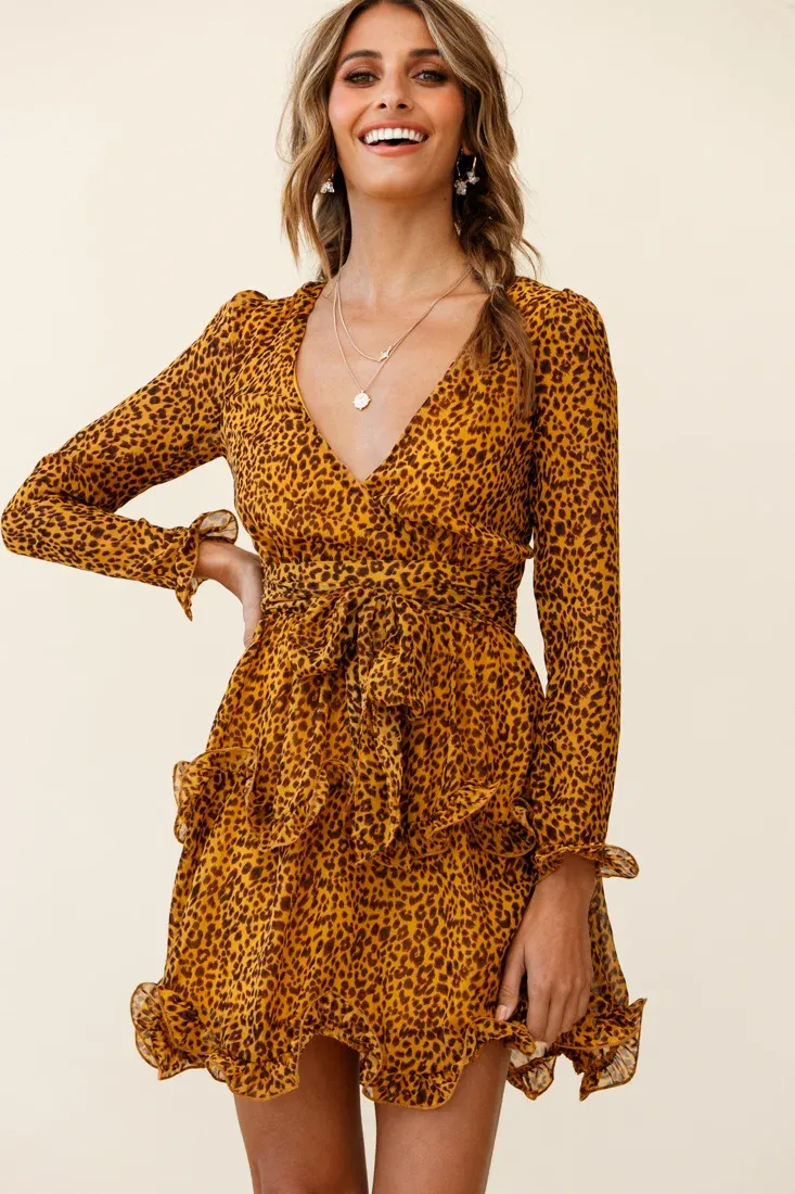 Greta Tiered Ruffle Chiffon Dress Animal Print Mustard