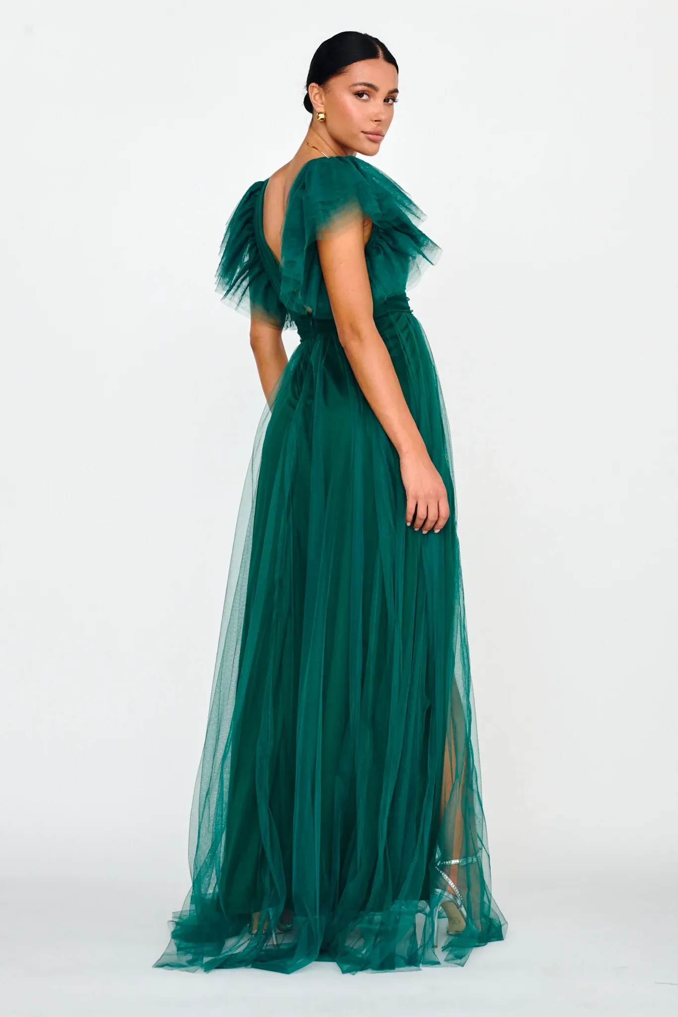 Heaven's Love Deep V-Neck Tulle Maxi Dress Hunter Green
