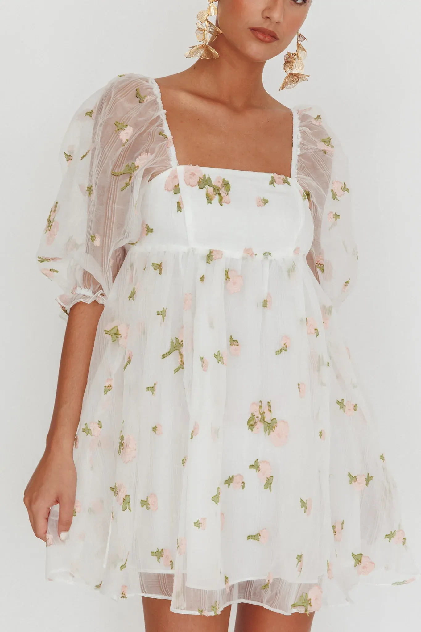 Helen Floral Organza Mini Dress White Pink