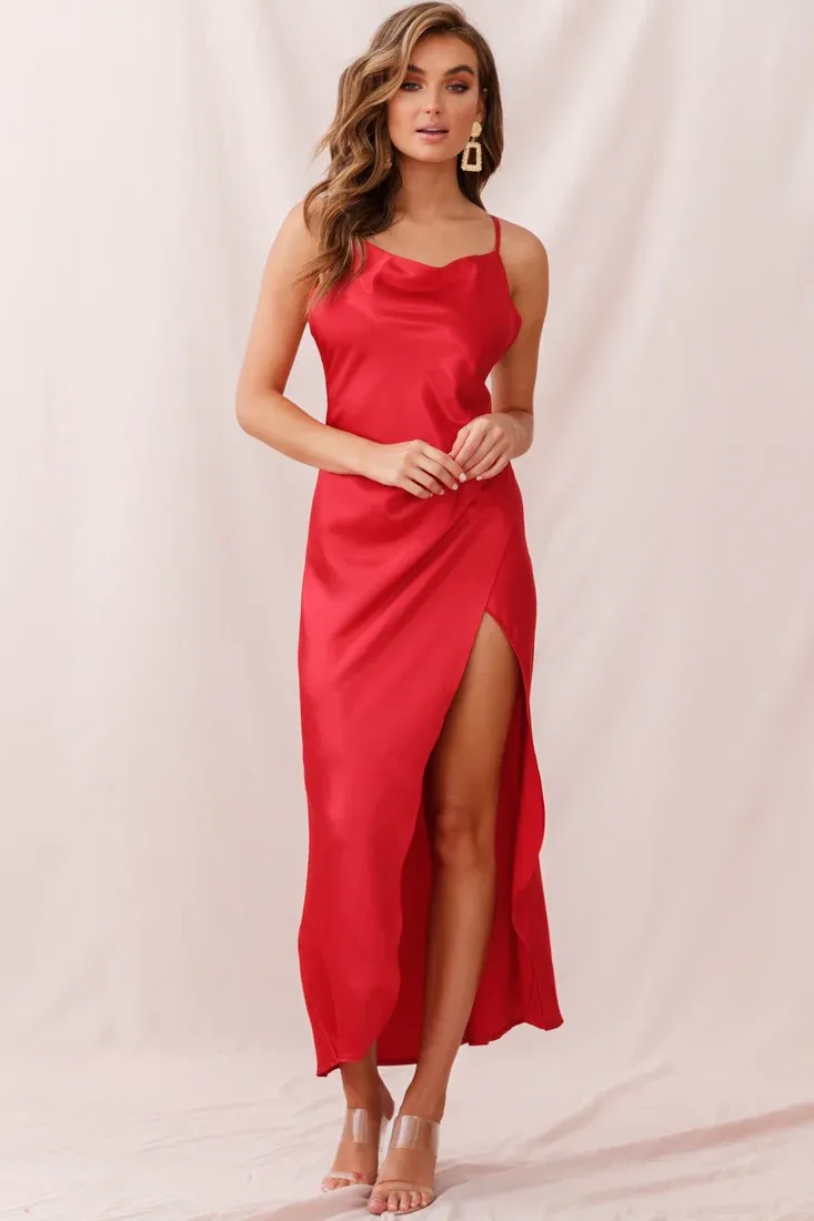 Hey Girl Long Satin Cowl Neck Dress Red