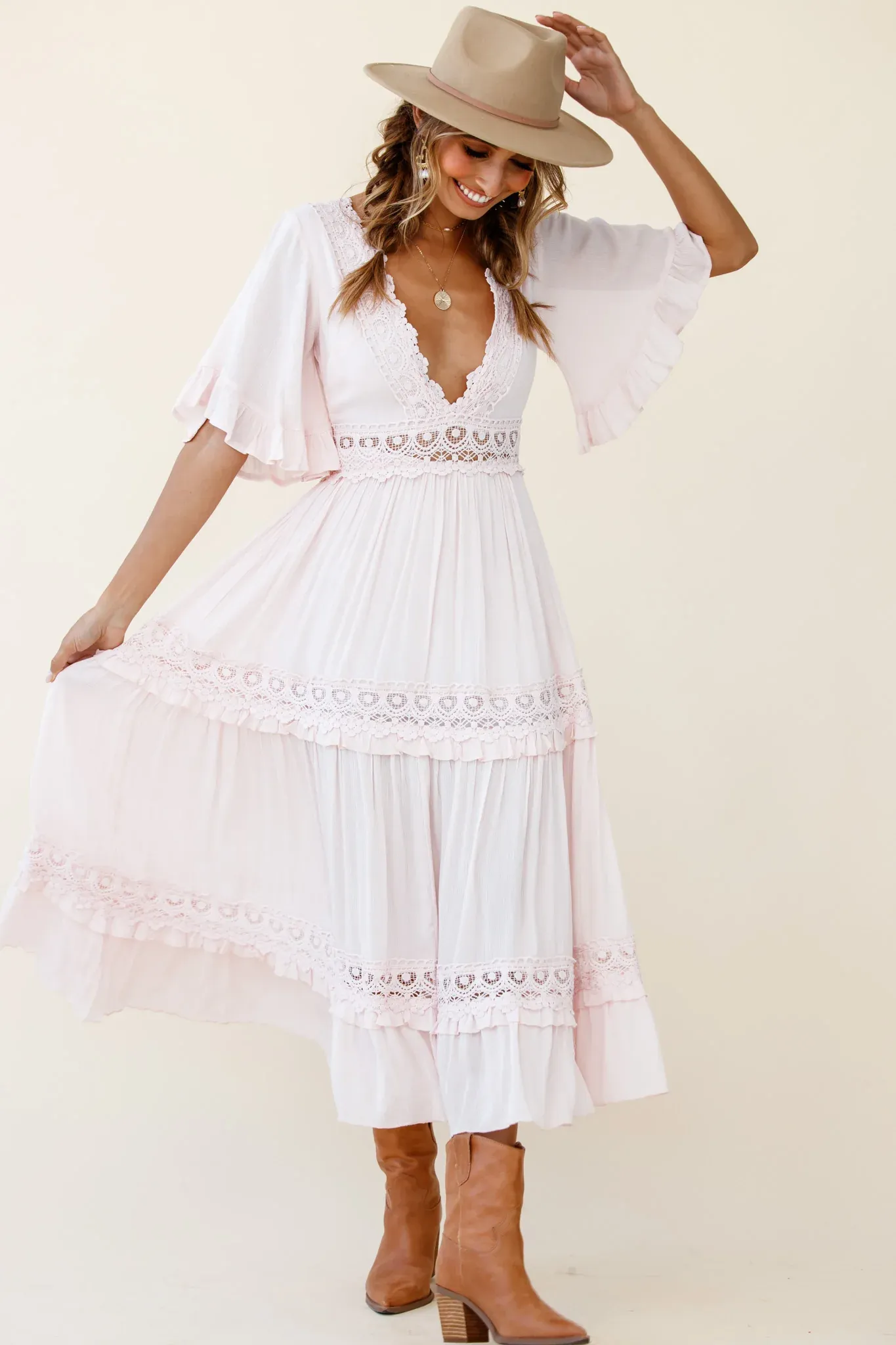 Indio Crochet Insert Deep V-Neckline Angel Sleeve Maxi Dress Pink
