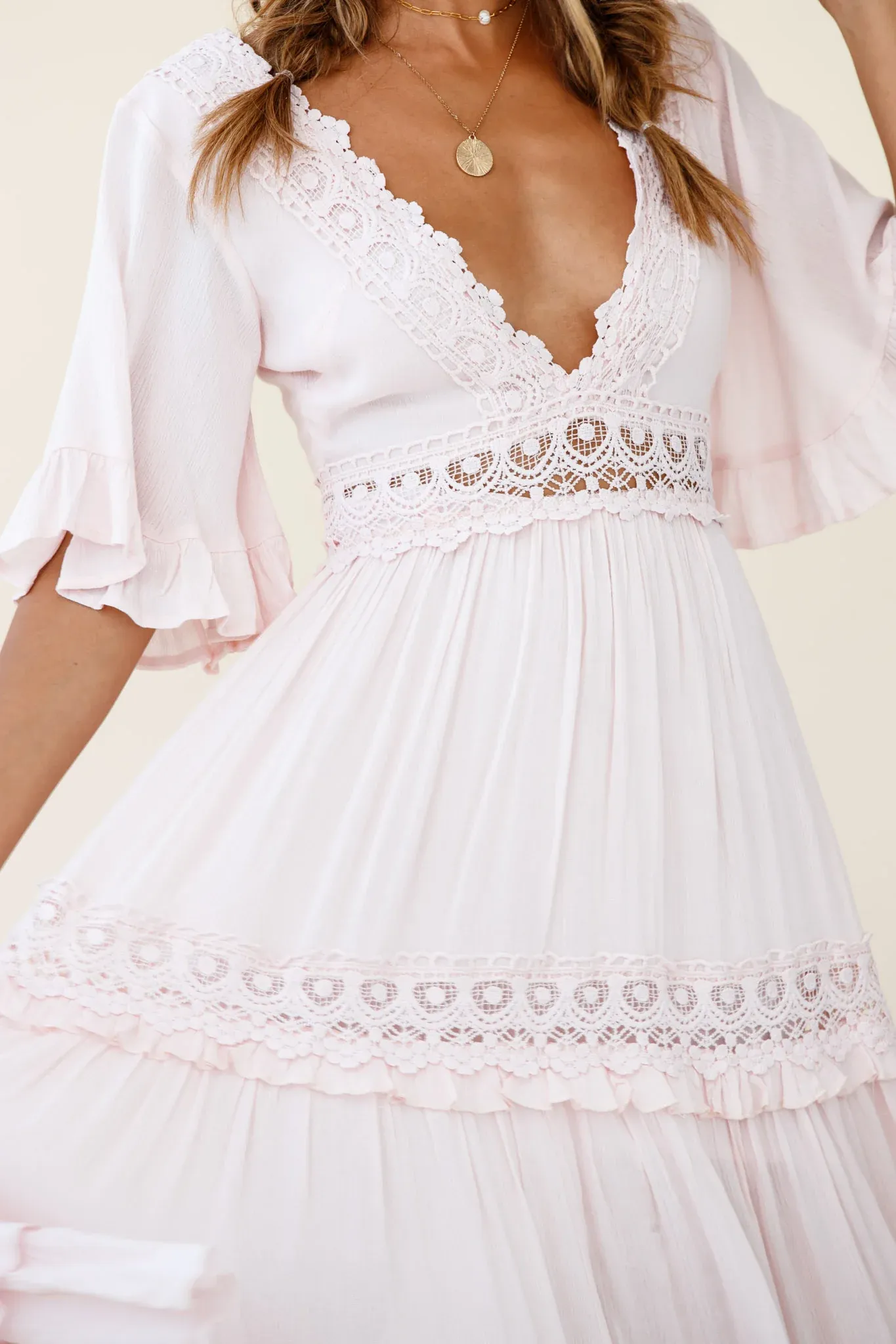 Indio Crochet Insert Deep V-Neckline Angel Sleeve Maxi Dress Pink