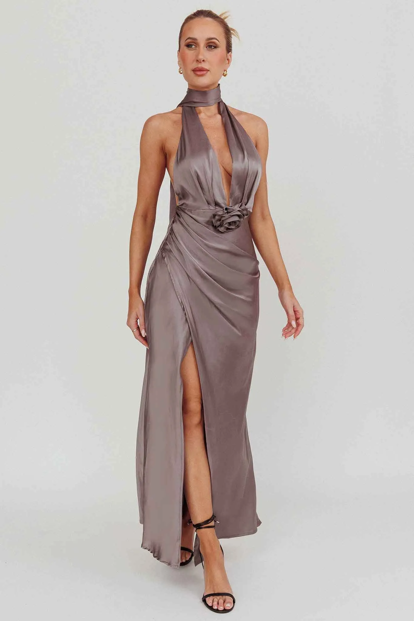 Italia Azure Halterneck Rosette Maxi Dress Grey