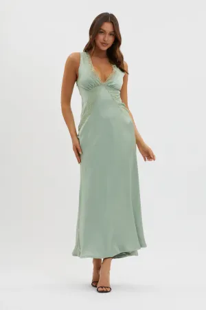 Ivonne Lace Trim V-Neck Maxi Dress Sage