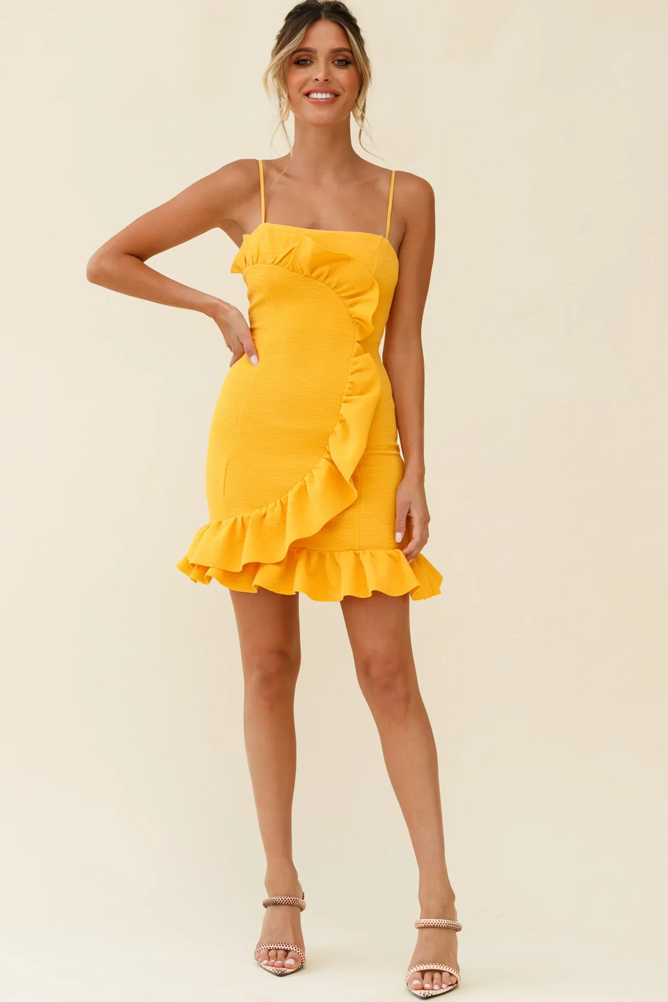 Juanita Half Moon Ruffle Detail Bodycon Dress Yellow