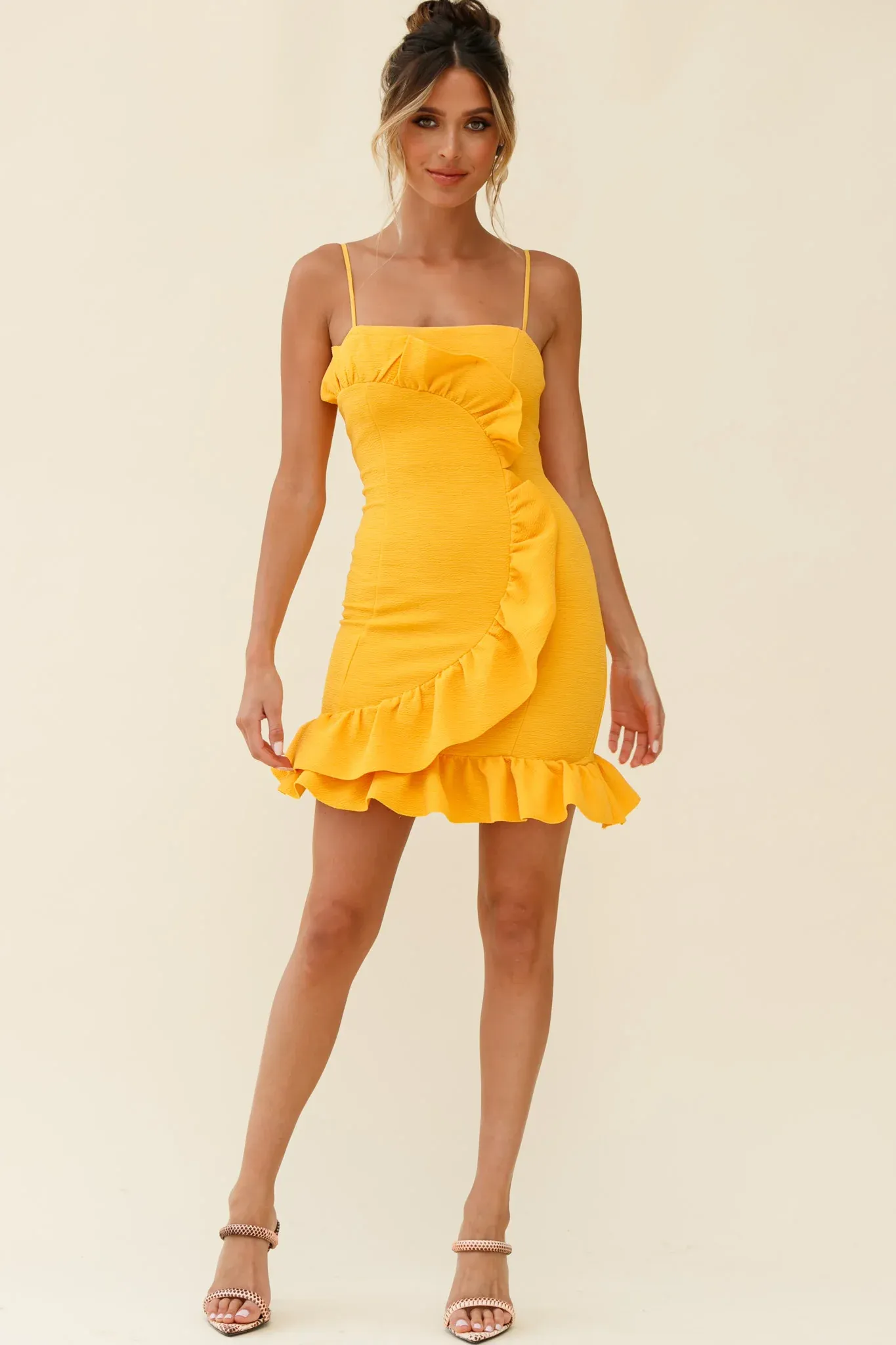 Juanita Half Moon Ruffle Detail Bodycon Dress Yellow