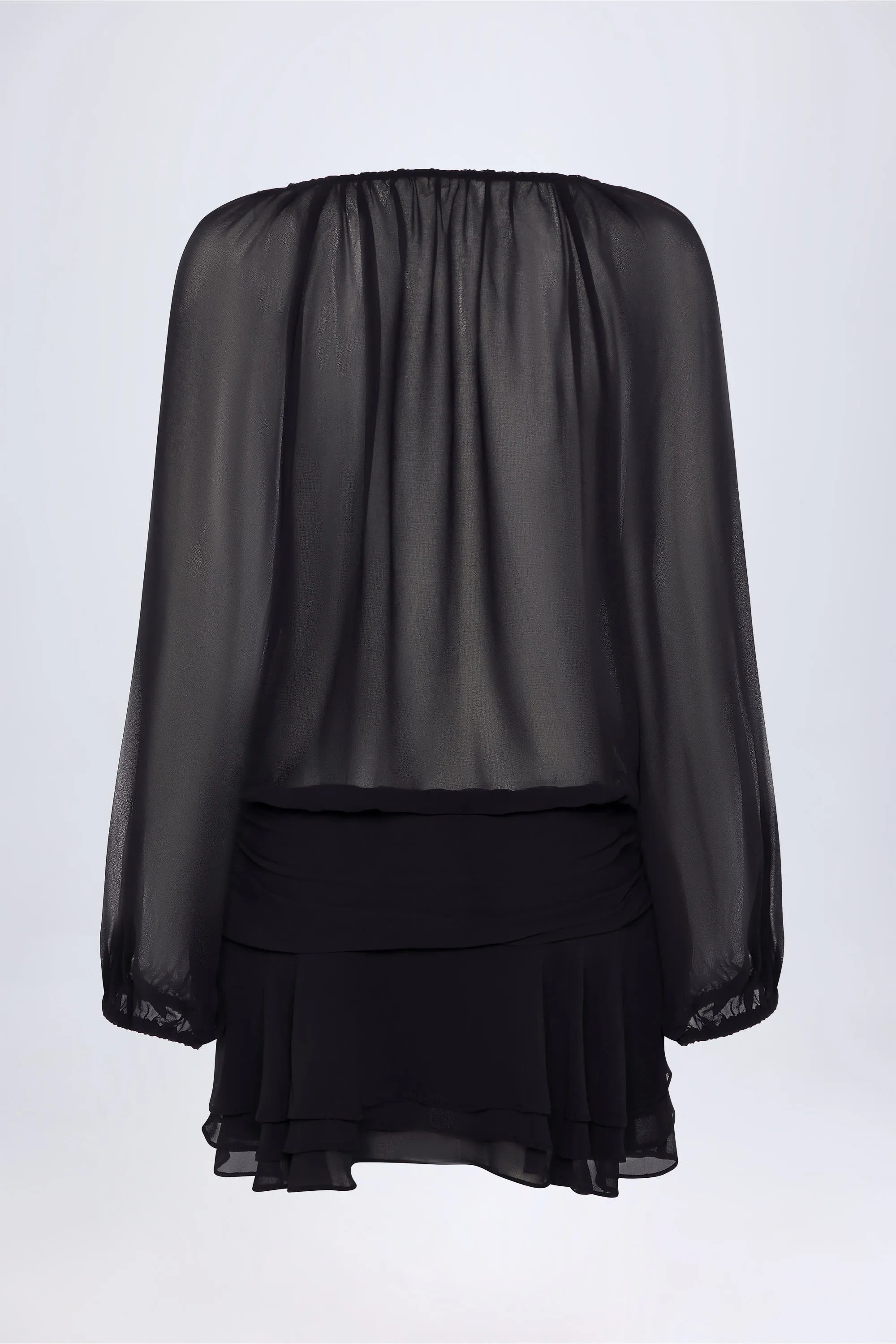 Lace-Up Balloon-Sleeve Mini Dress in Black