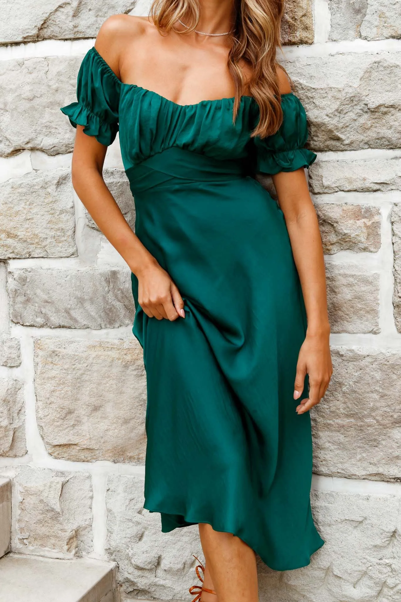 Linka Off-Shoulder Tie Back Midi Dress Forest Green