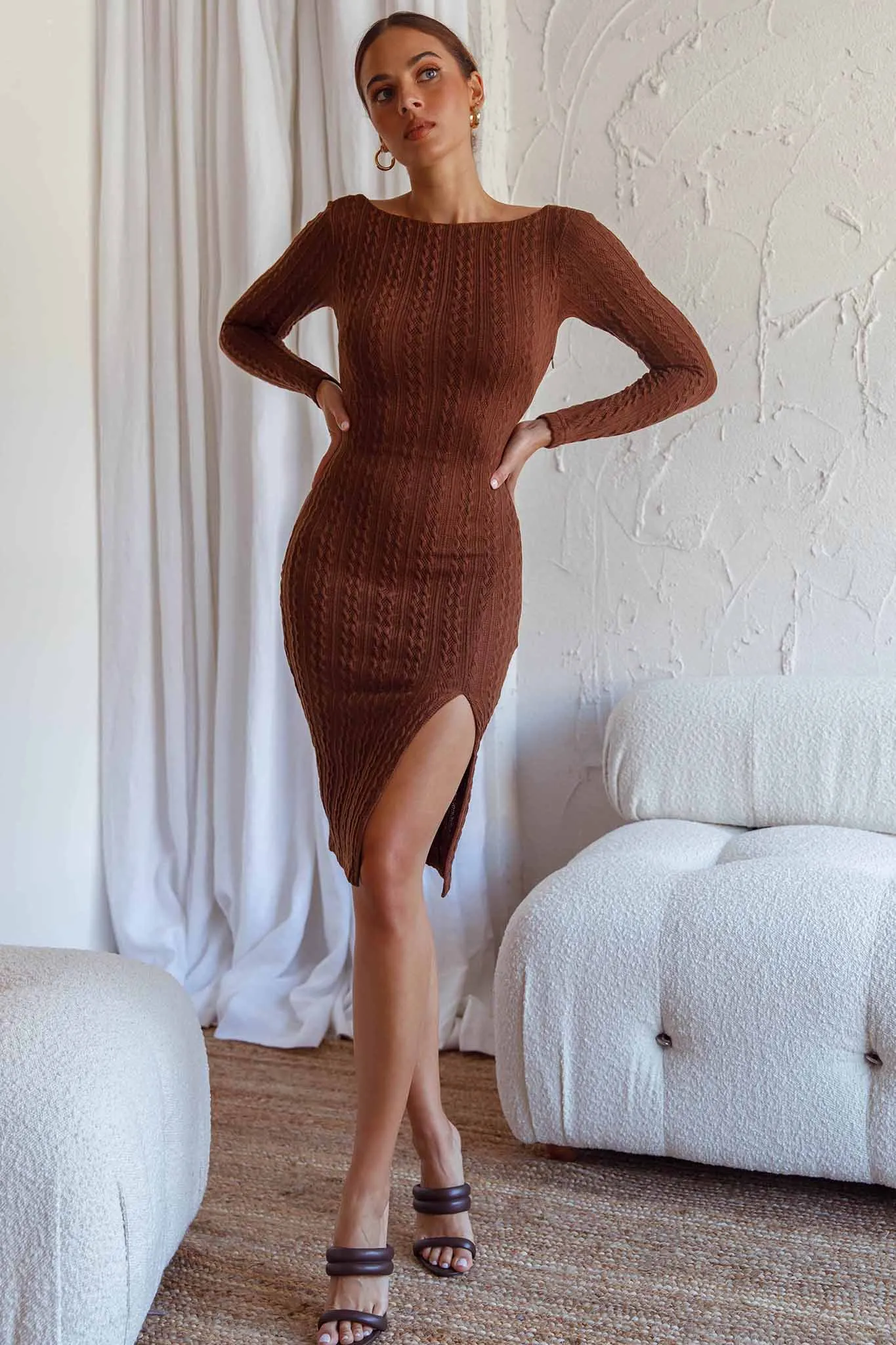 Merlin Long Sleeve Bodycon Knee Length Dress Chocolate