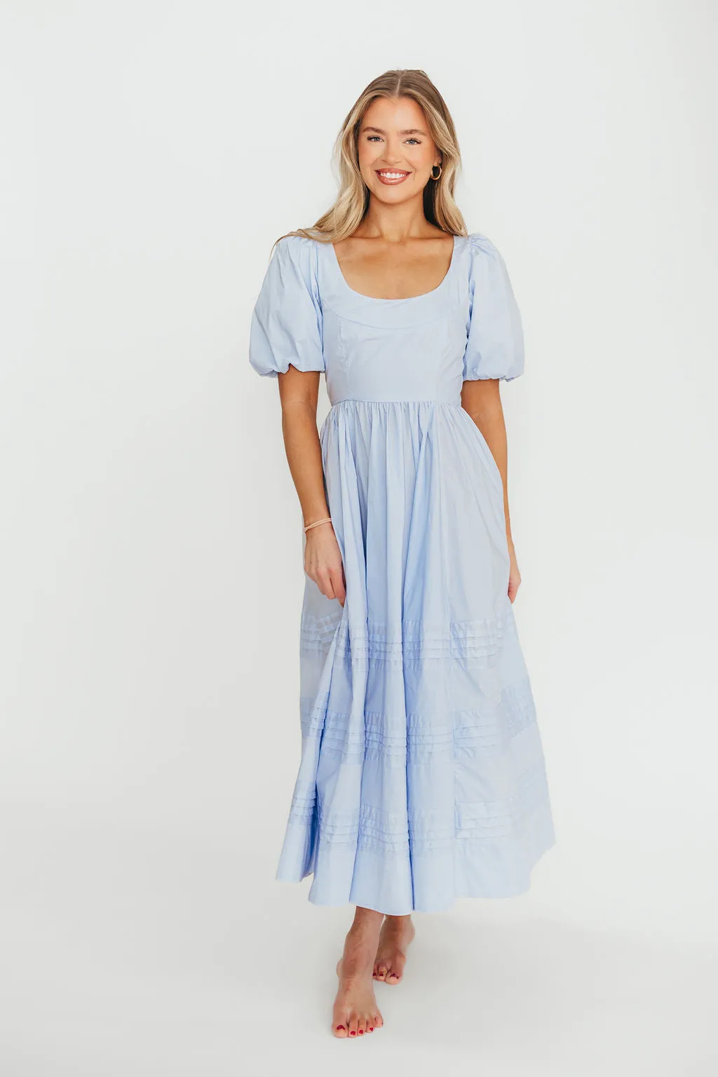 Milana 100% Cotton Puffed Sleeve Midi Dress in Baby Blue