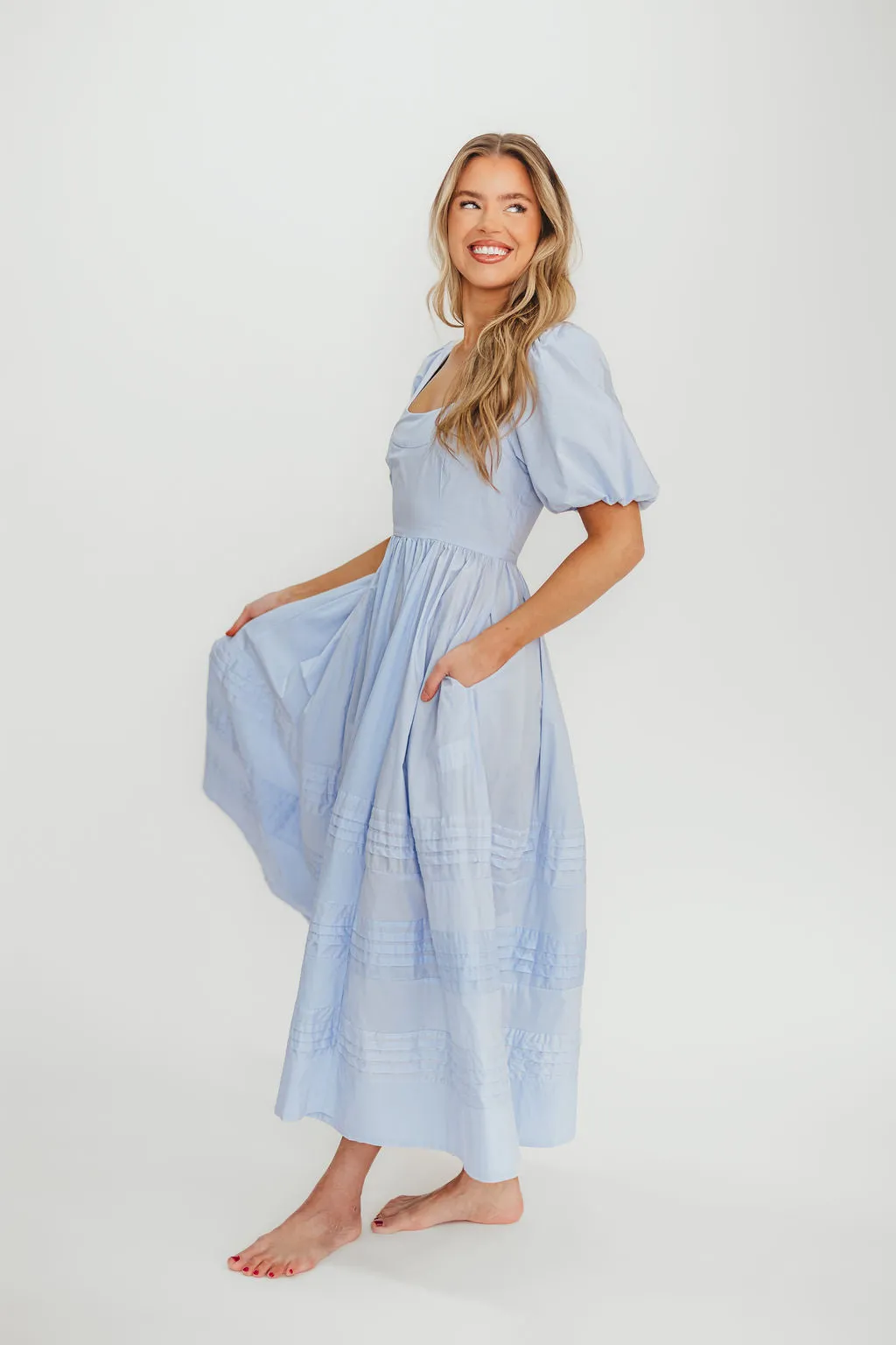 Milana 100% Cotton Puffed Sleeve Midi Dress in Baby Blue