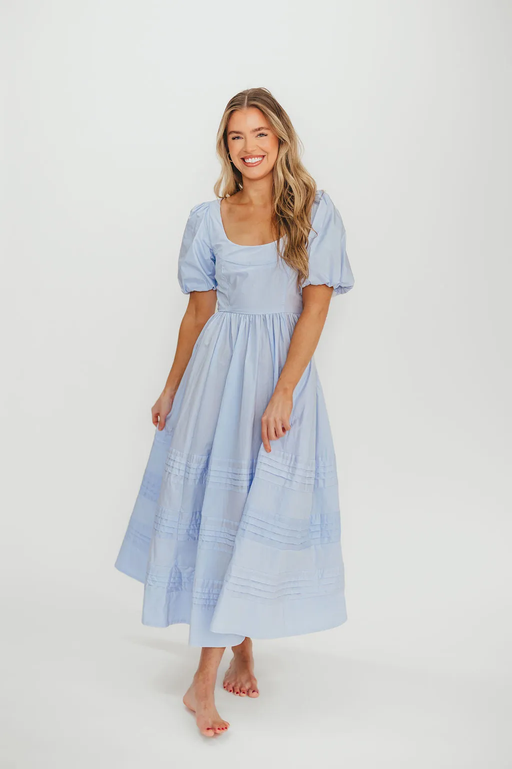 Milana 100% Cotton Puffed Sleeve Midi Dress in Baby Blue
