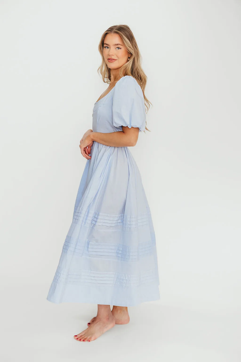 Milana 100% Cotton Puffed Sleeve Midi Dress in Baby Blue