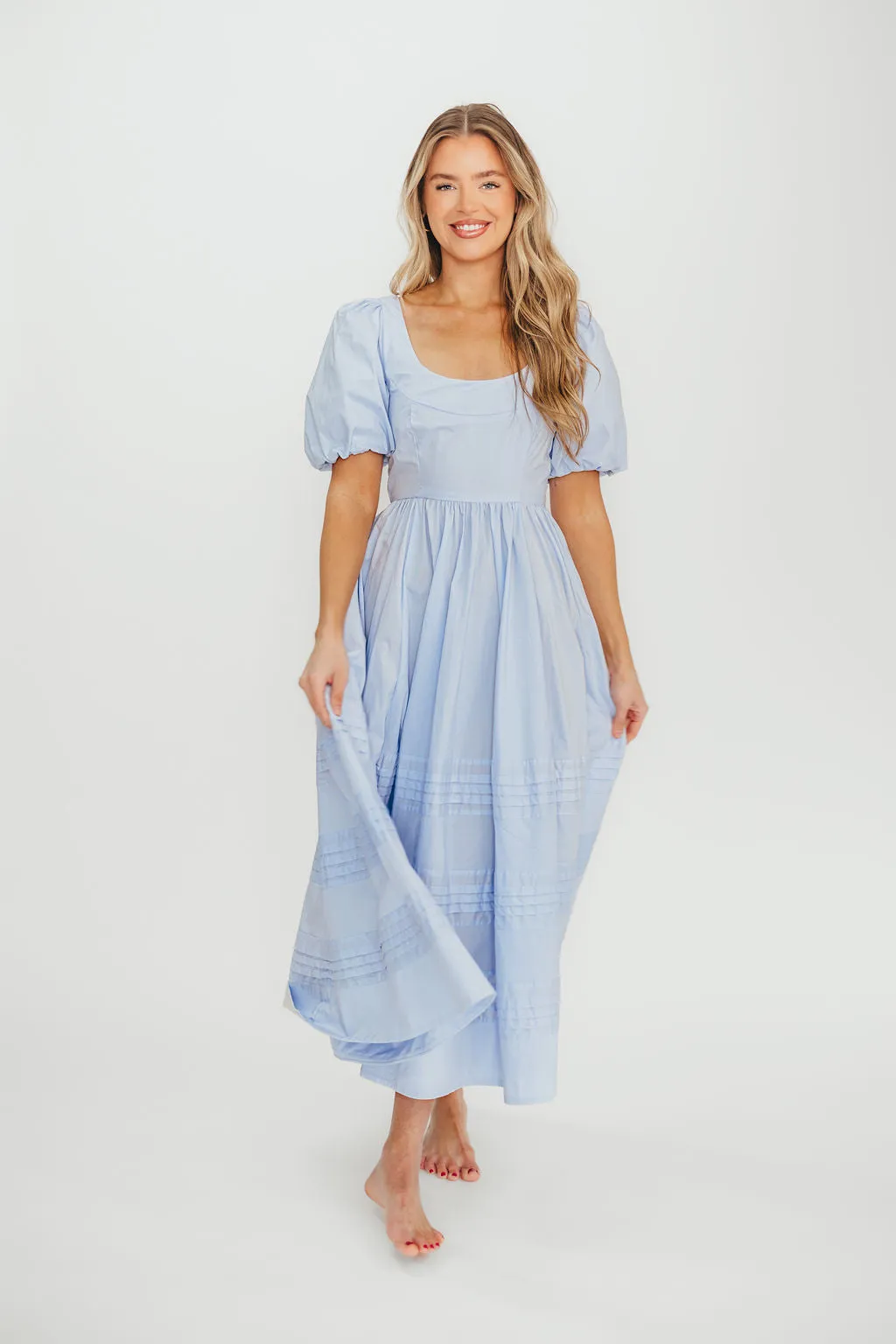 Milana 100% Cotton Puffed Sleeve Midi Dress in Baby Blue