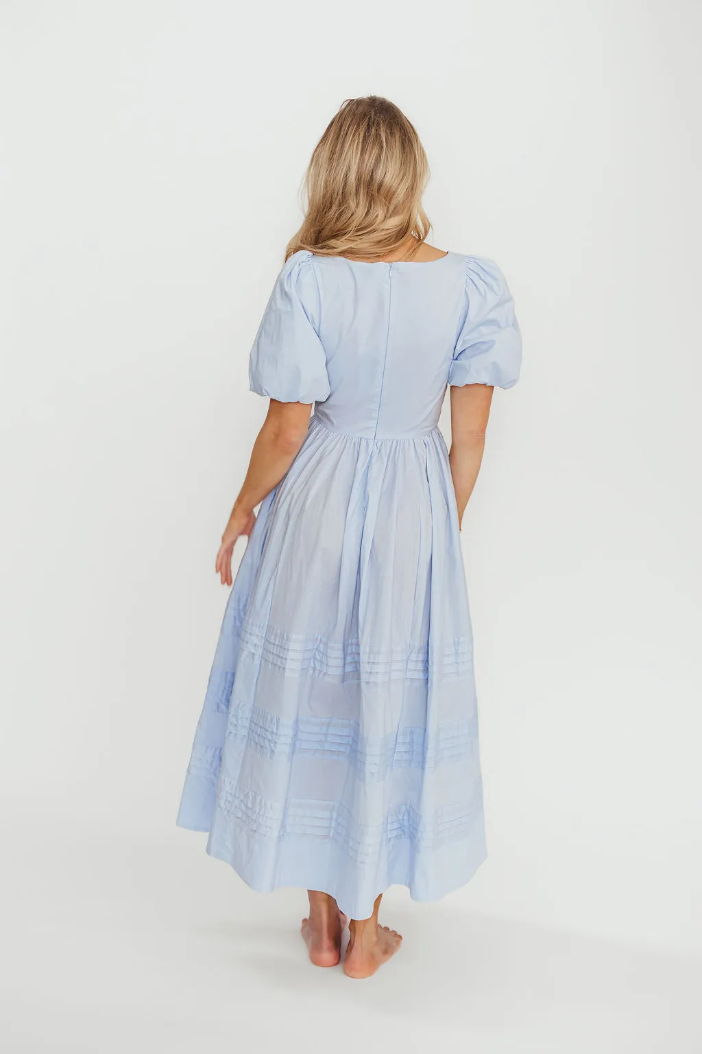 Milana 100% Cotton Puffed Sleeve Midi Dress in Baby Blue