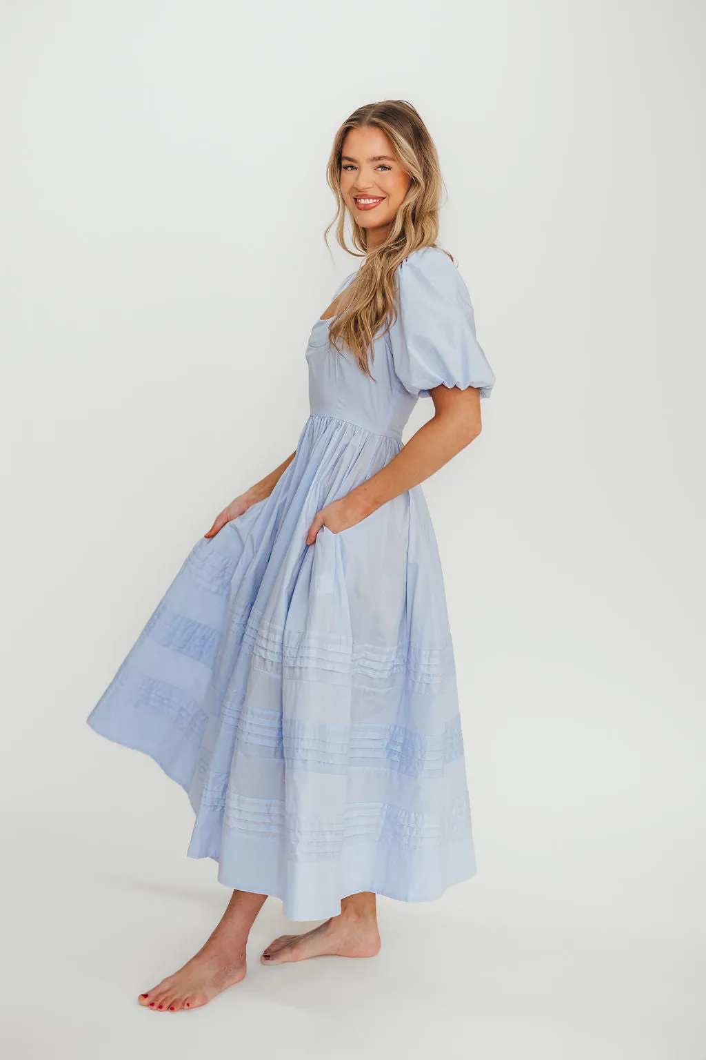 Milana 100% Cotton Puffed Sleeve Midi Dress in Baby Blue