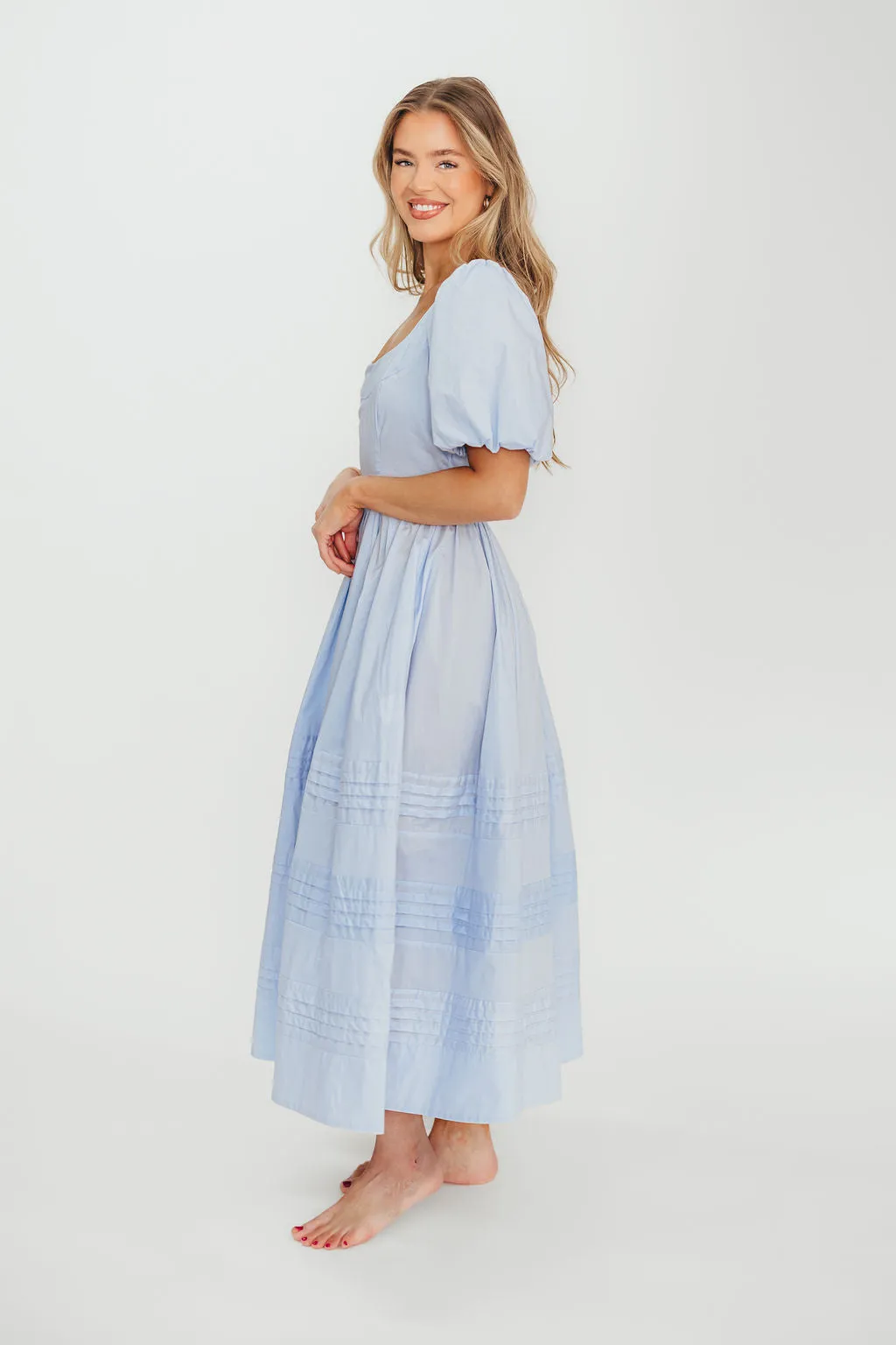 Milana 100% Cotton Puffed Sleeve Midi Dress in Baby Blue