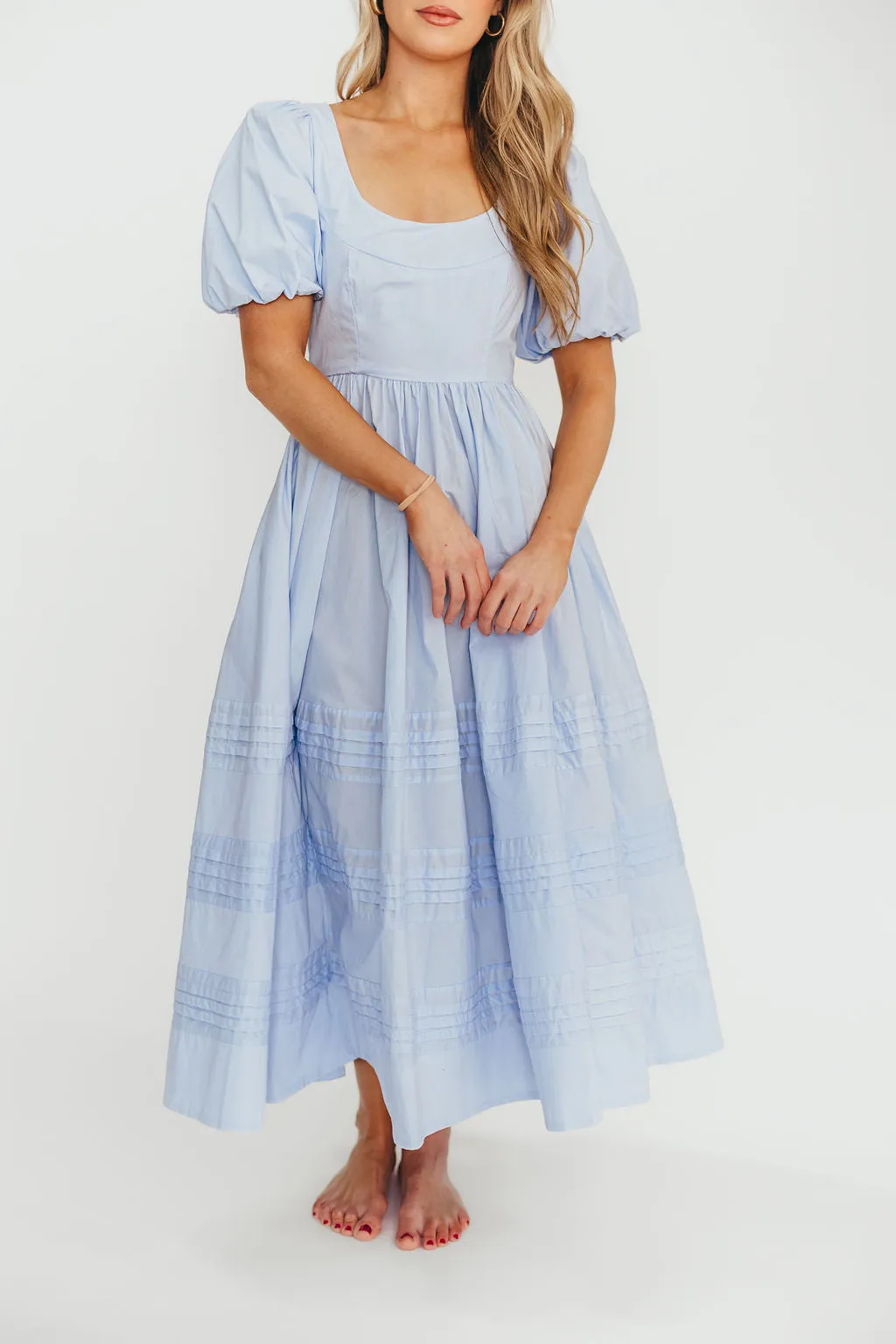 Milana 100% Cotton Puffed Sleeve Midi Dress in Baby Blue