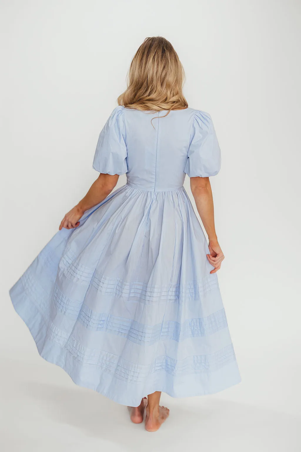 Milana 100% Cotton Puffed Sleeve Midi Dress in Baby Blue