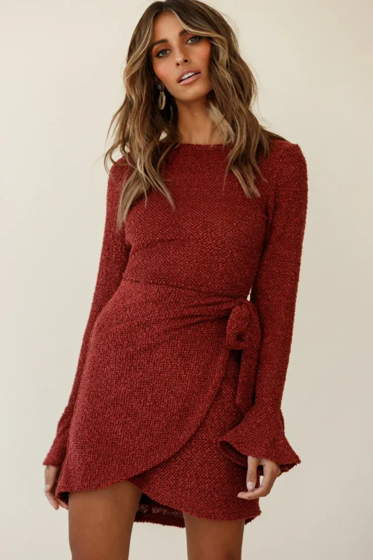 Minerva Flared Cuff Knit Wrap Dress Maroon