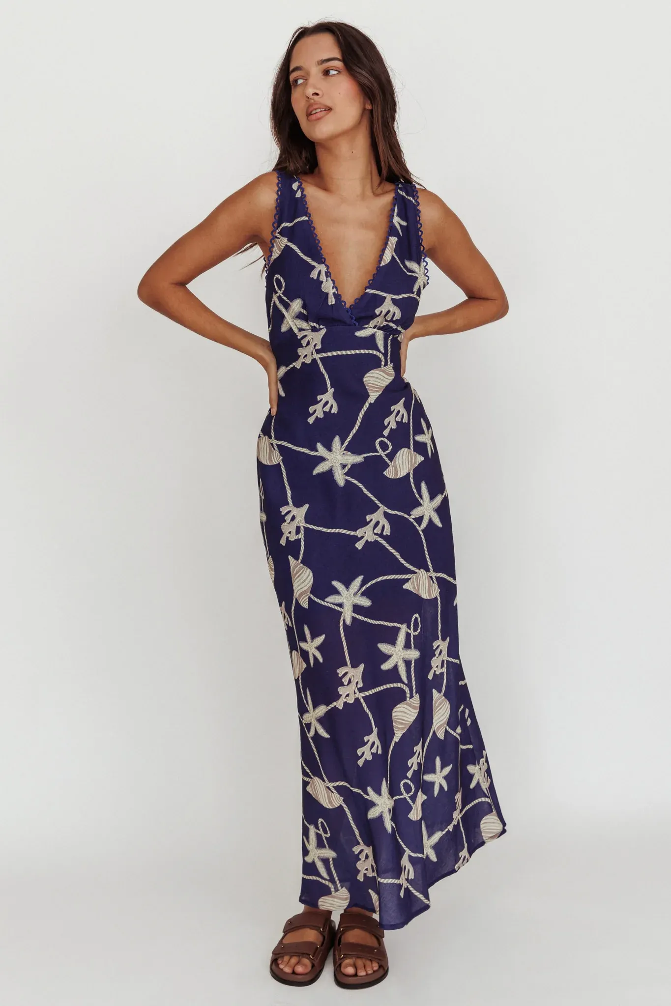 Miss Divine V-Neck Ocean Maxi Dress Blue