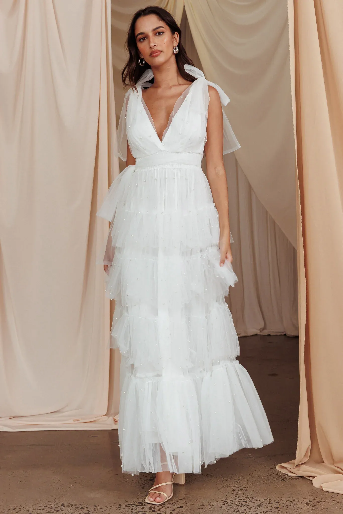 My Fair Lady Bow Shoulder Pearl Maxi Dress White