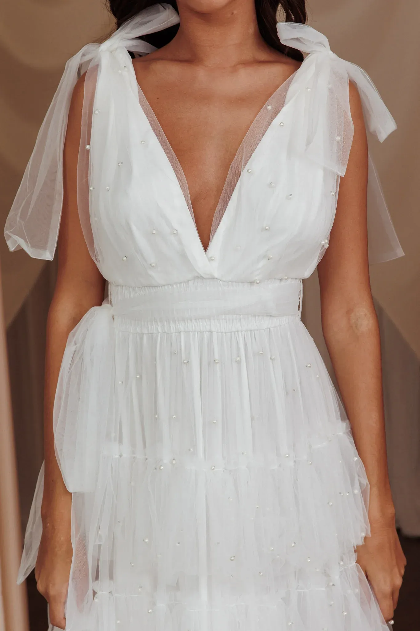 My Fair Lady Bow Shoulder Pearl Maxi Dress White