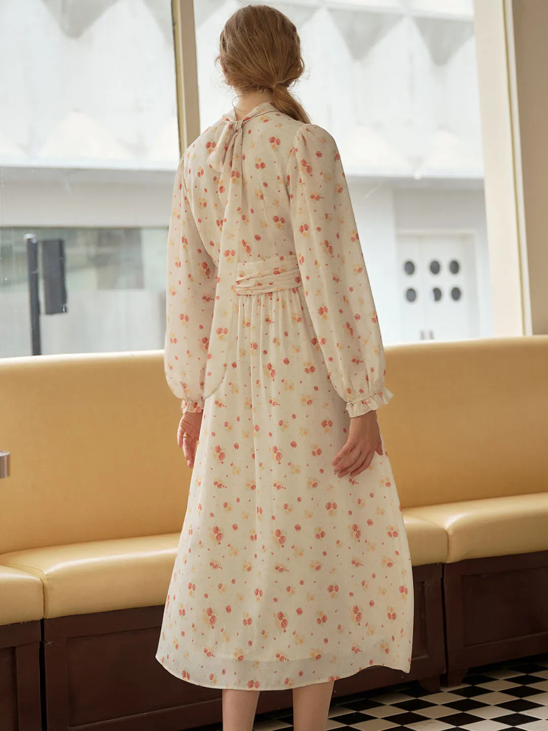 Nyomi Sweet V Neck Floral Print Lace Sleeve Dress