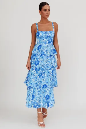 Provence Bloom Tiered Floral Maxi Dress Blue