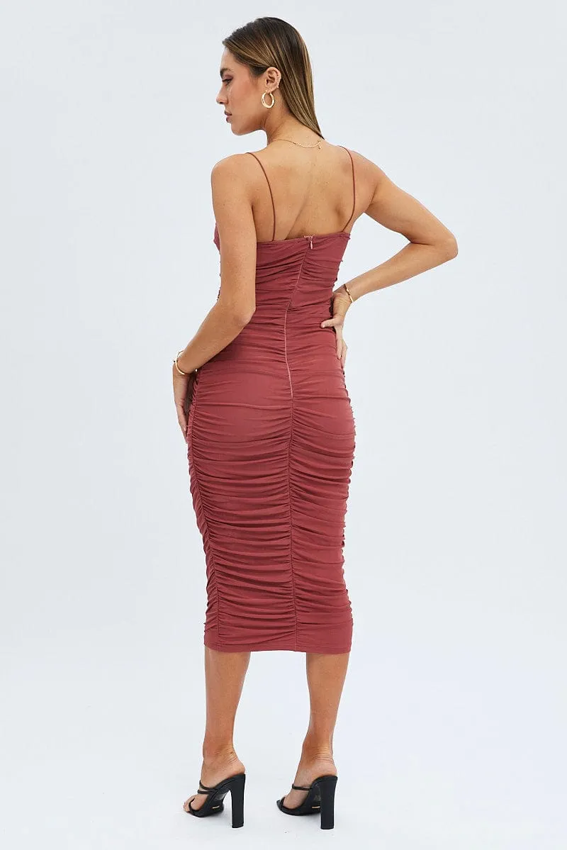 Purple Bodycon Dress Rushed Midi Mesh