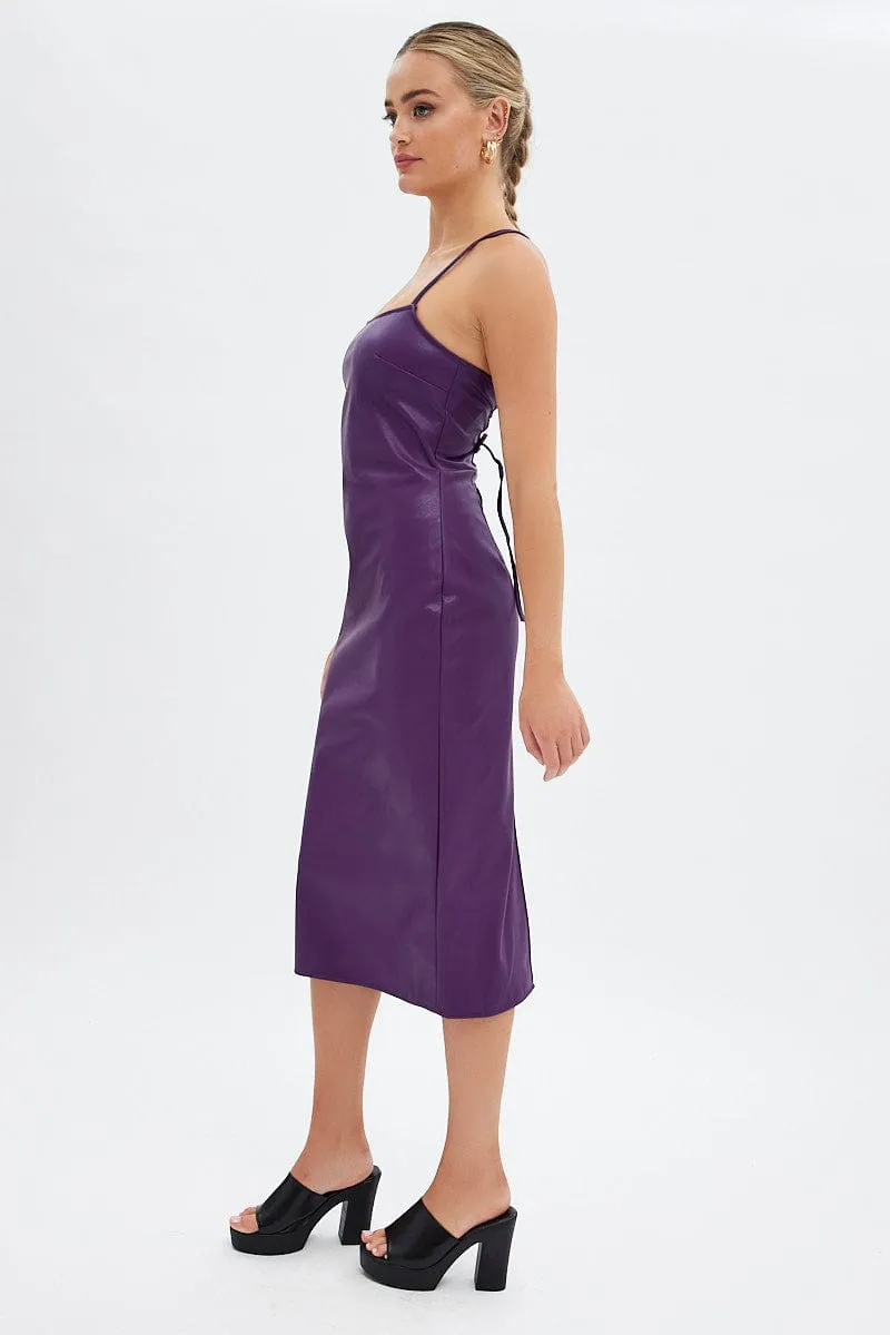 Purple Faux Leather Dress Sleeveless Scoop Neck Midi