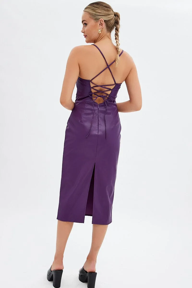 Purple Faux Leather Dress Sleeveless Scoop Neck Midi