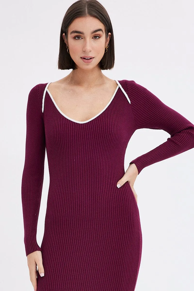 Purple Midi Dress Long Sleeve Sweetheart Contrast Bind