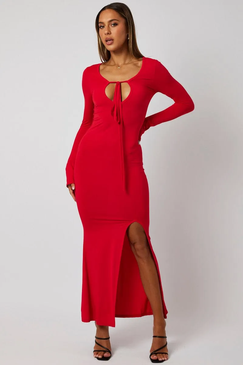 Red Maxi Dress Strappy Flared Sleeve Bodycon Dress